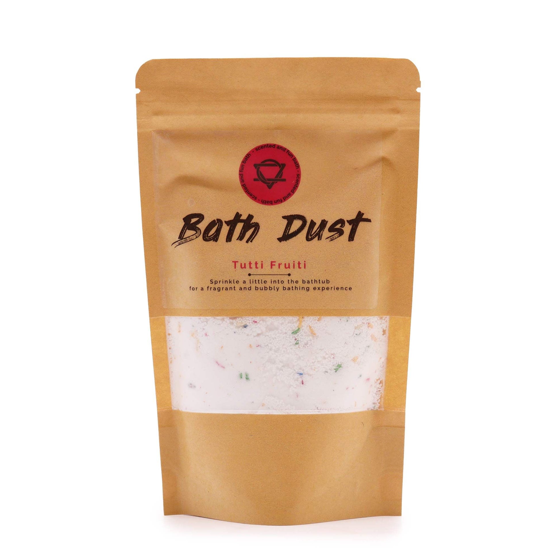 A 190g paper pouch containing colorful, fizzy bath dust with a sweet and vibrant multi-fruit scent.