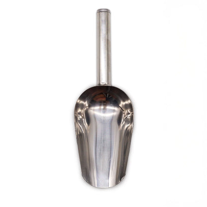 A single polished stainless steel scoop, ideal for measuring bath salts, powders, or loose leaf tea.