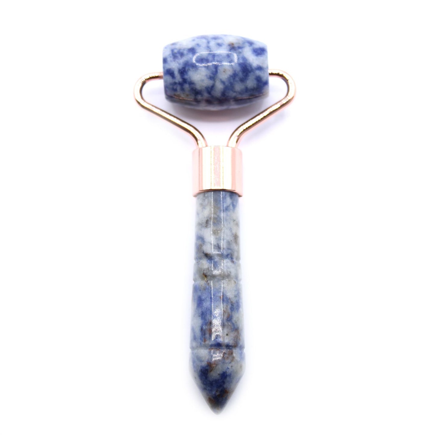 A handheld beauty tool with a polished blue and white marbled Sodalite gemstone roller on a rose gold handle.