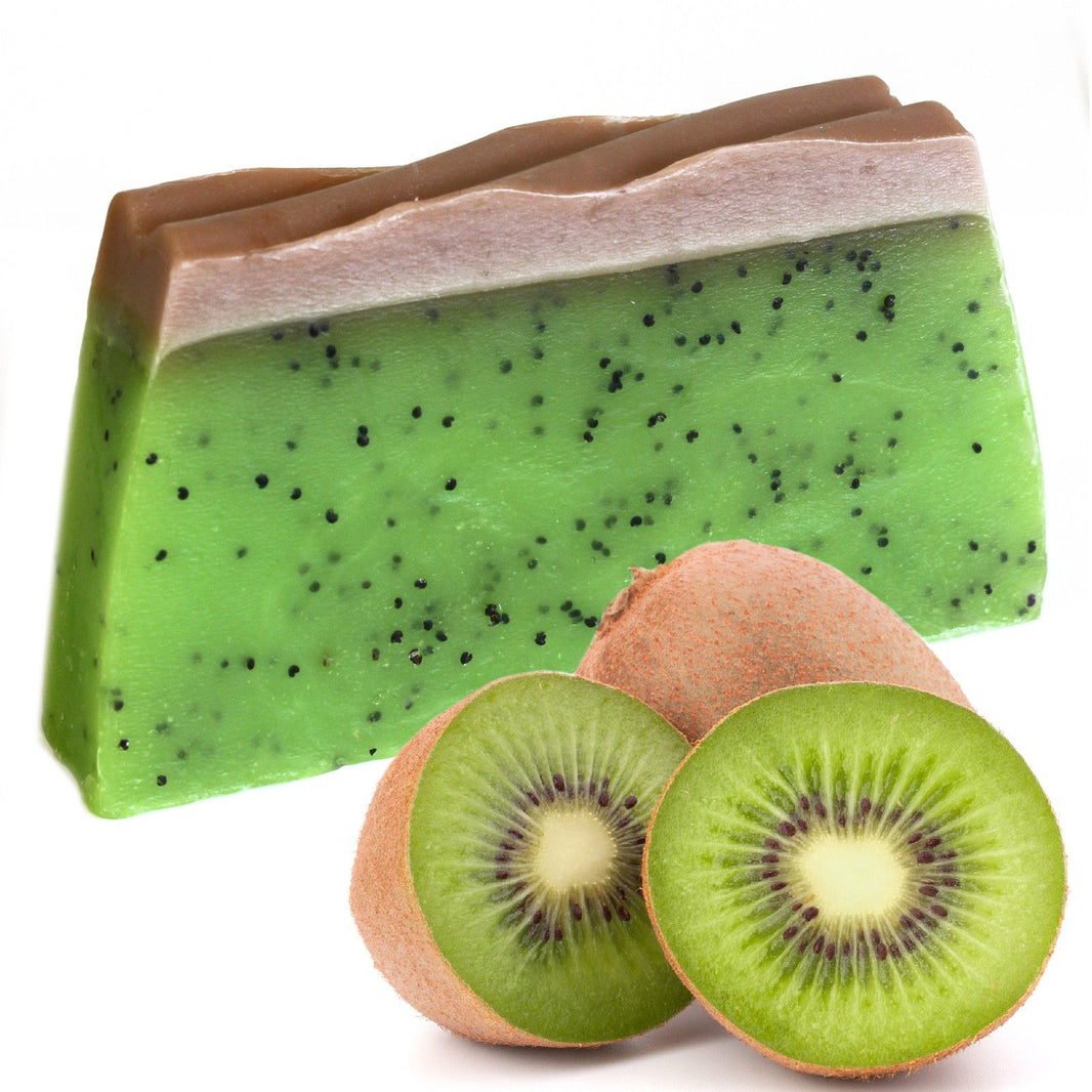 A 115g artisan olive oil soap slice featuring green and brown layers designed to look like a kiwifruit.