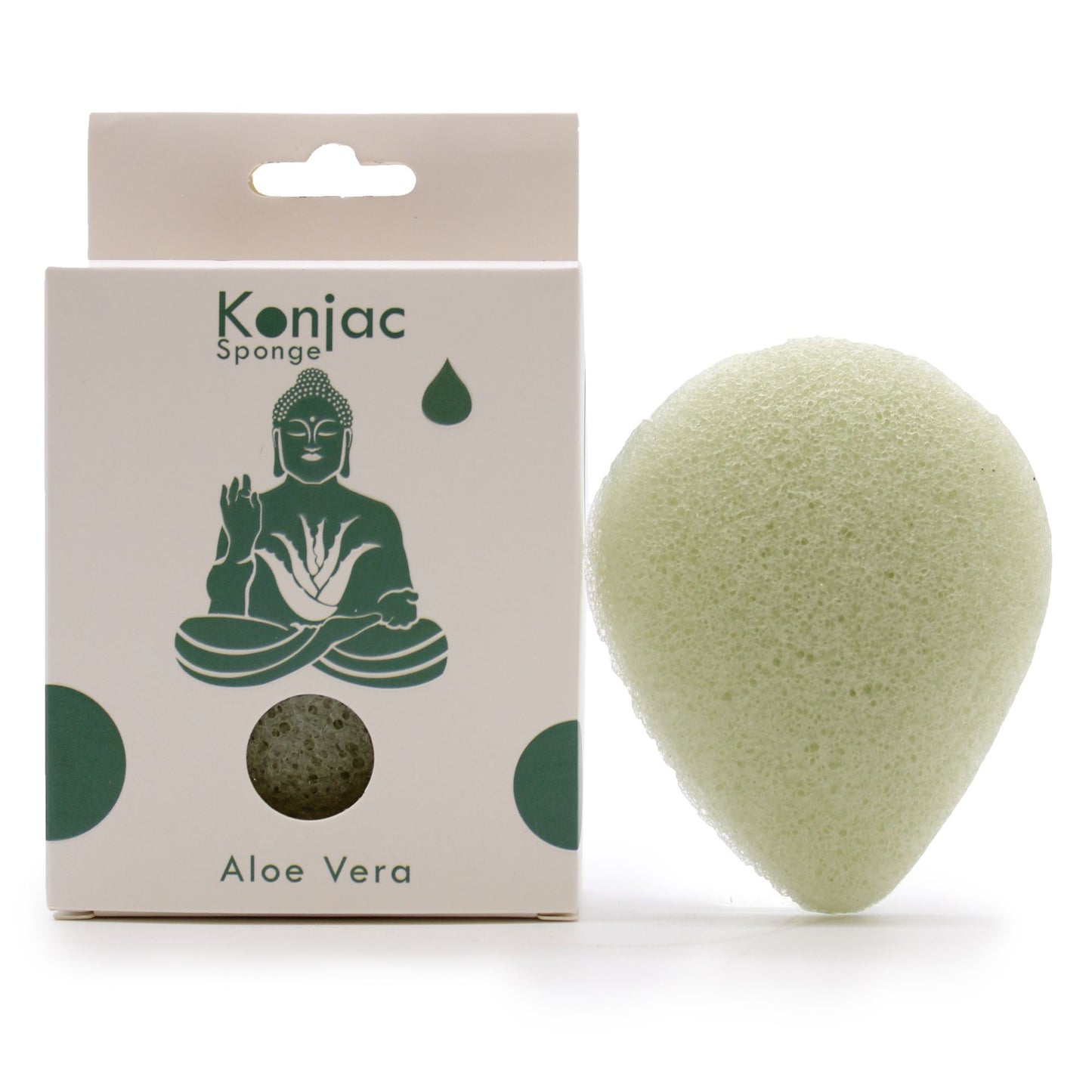 A light green teardrop-shaped Konjac facial sponge infused with aloe vera, designed for soothing dry or sensitive skin.