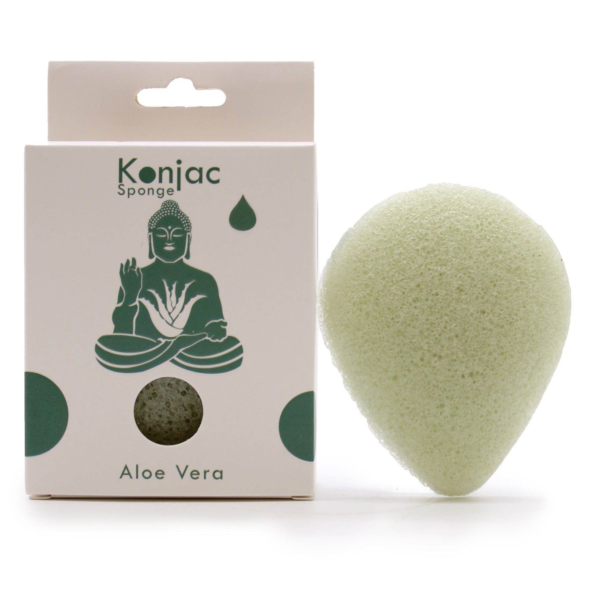 A light green teardrop-shaped Konjac facial sponge infused with aloe vera, designed for soothing dry or sensitive skin.