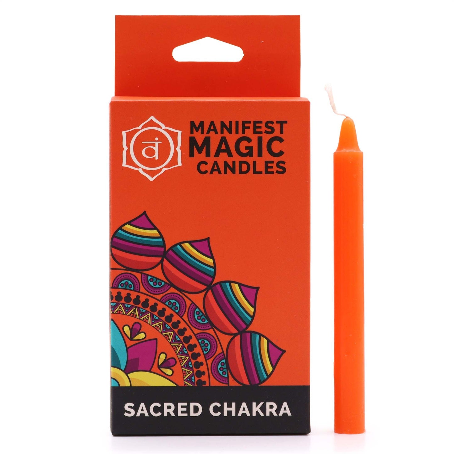 A decorative orange box featuring sacred chakra symbols, containing twelve matching slim orange manifest candles.