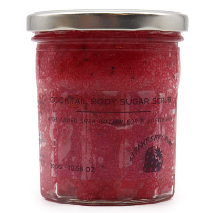 A 300g jar of vibrant red fragranced sugar scrub designed for deep body exfoliation and skin softening.