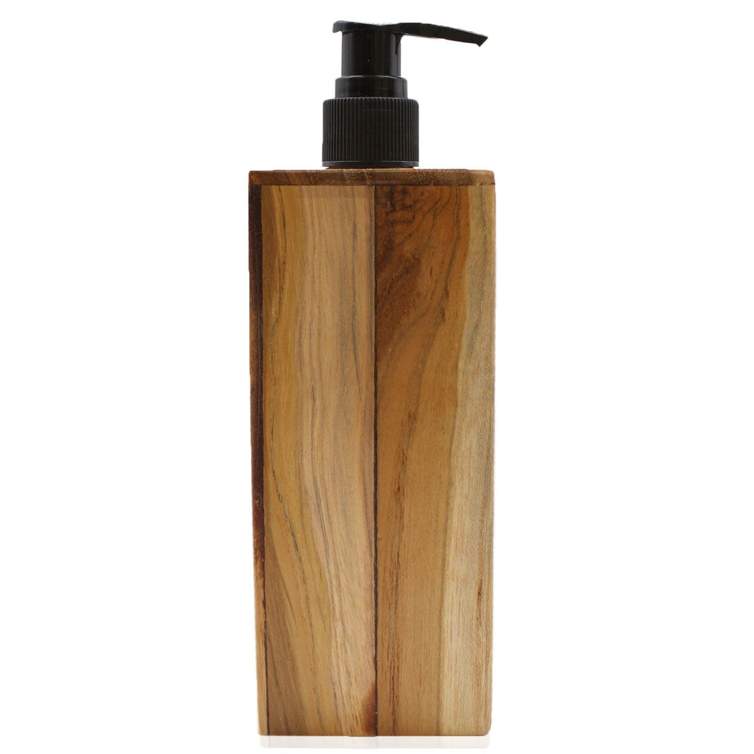 A square-shaped liquid soap dispenser handcrafted from warm-toned natural teakwood with a sleek black pump head.