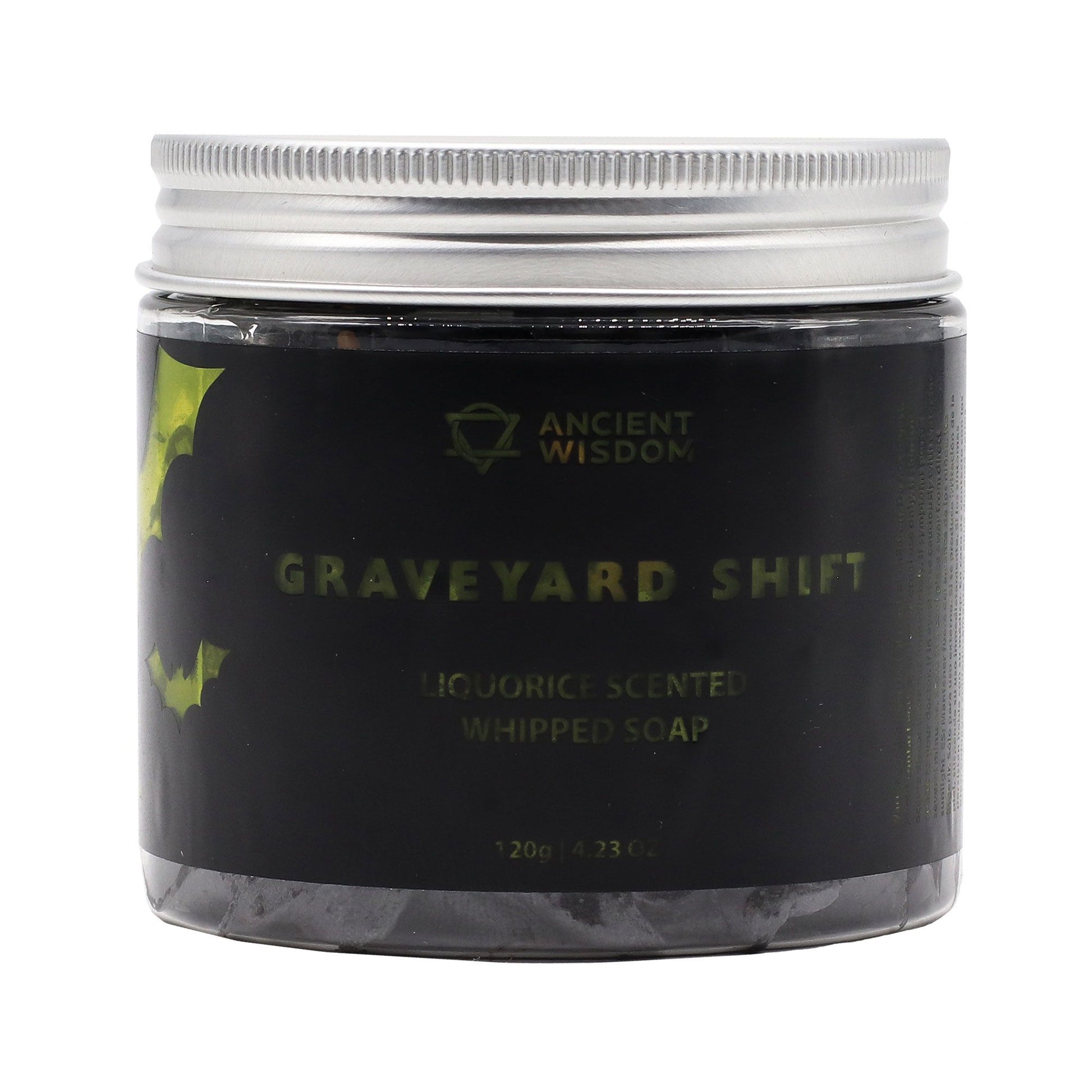 A 120g clear jar containing dark, swirled whipped cream soap with a professional apothecary-style label.