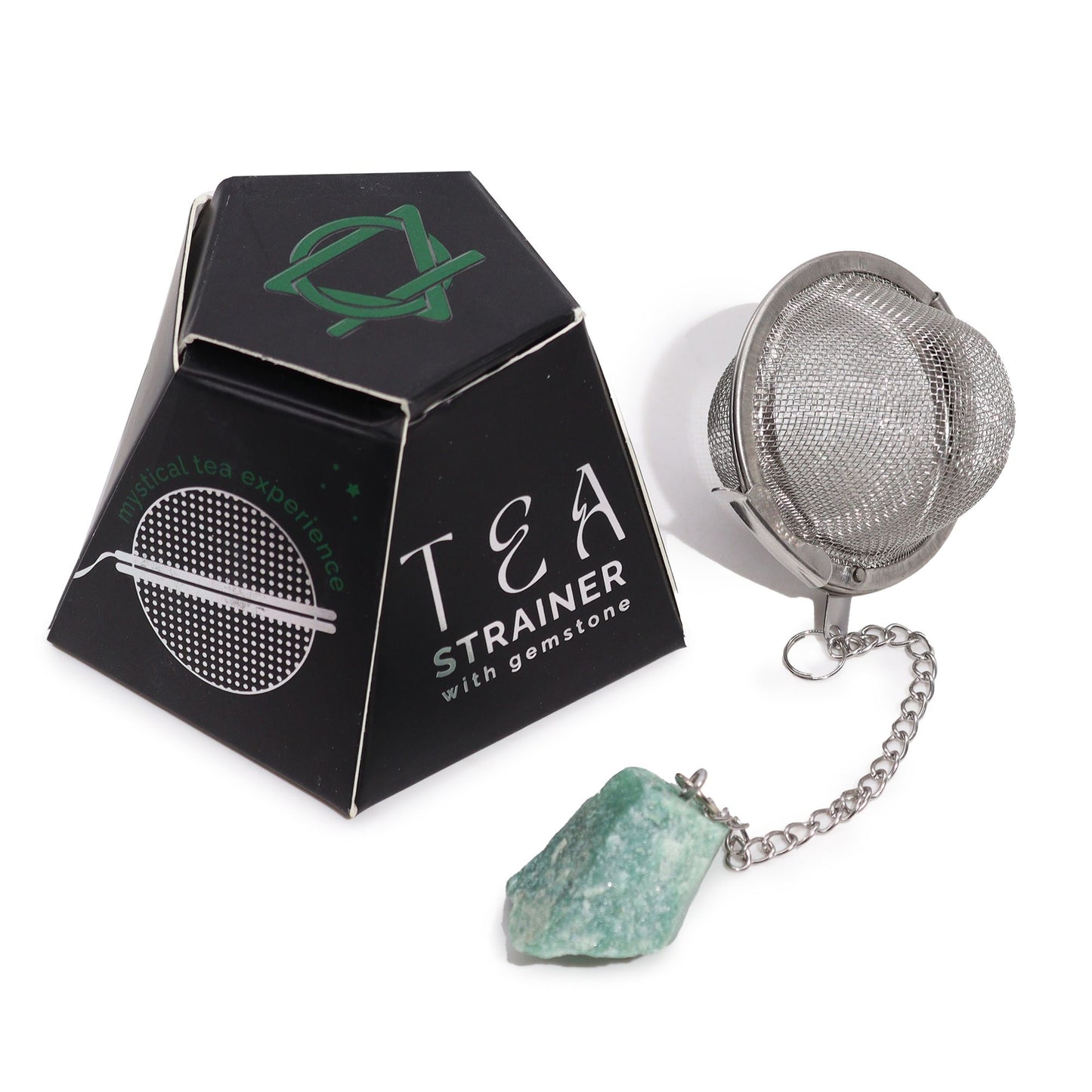 Stainless steel tea infuser ball on a chain with a raw green Aventurine crystal charm for mindful tea rituals.