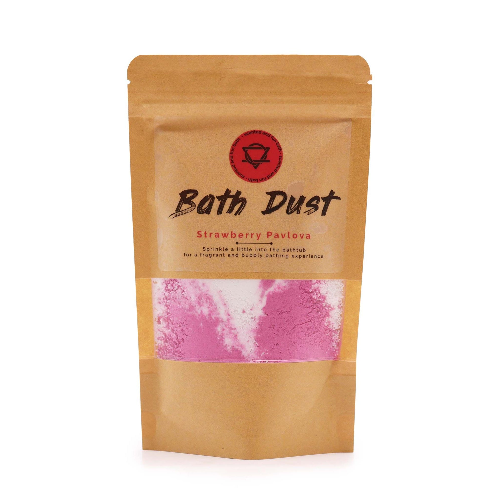 A 190g eco-friendly pouch of pink and white fizzy bath dust inspired by the scent of a fresh strawberry pavlova.