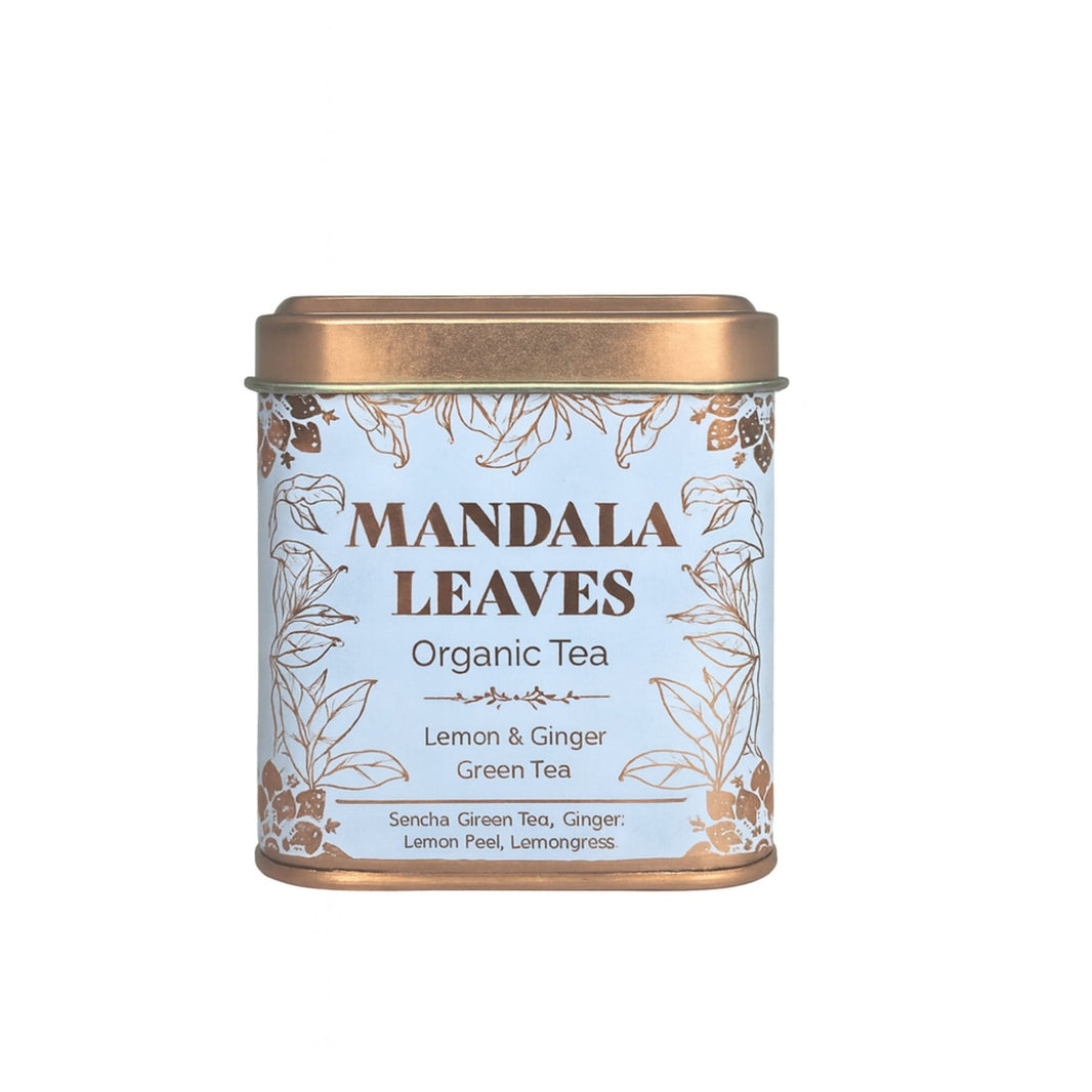 A light blue eco-friendly tea tin containing a refreshing blend of organic green tea with citrus and spice.