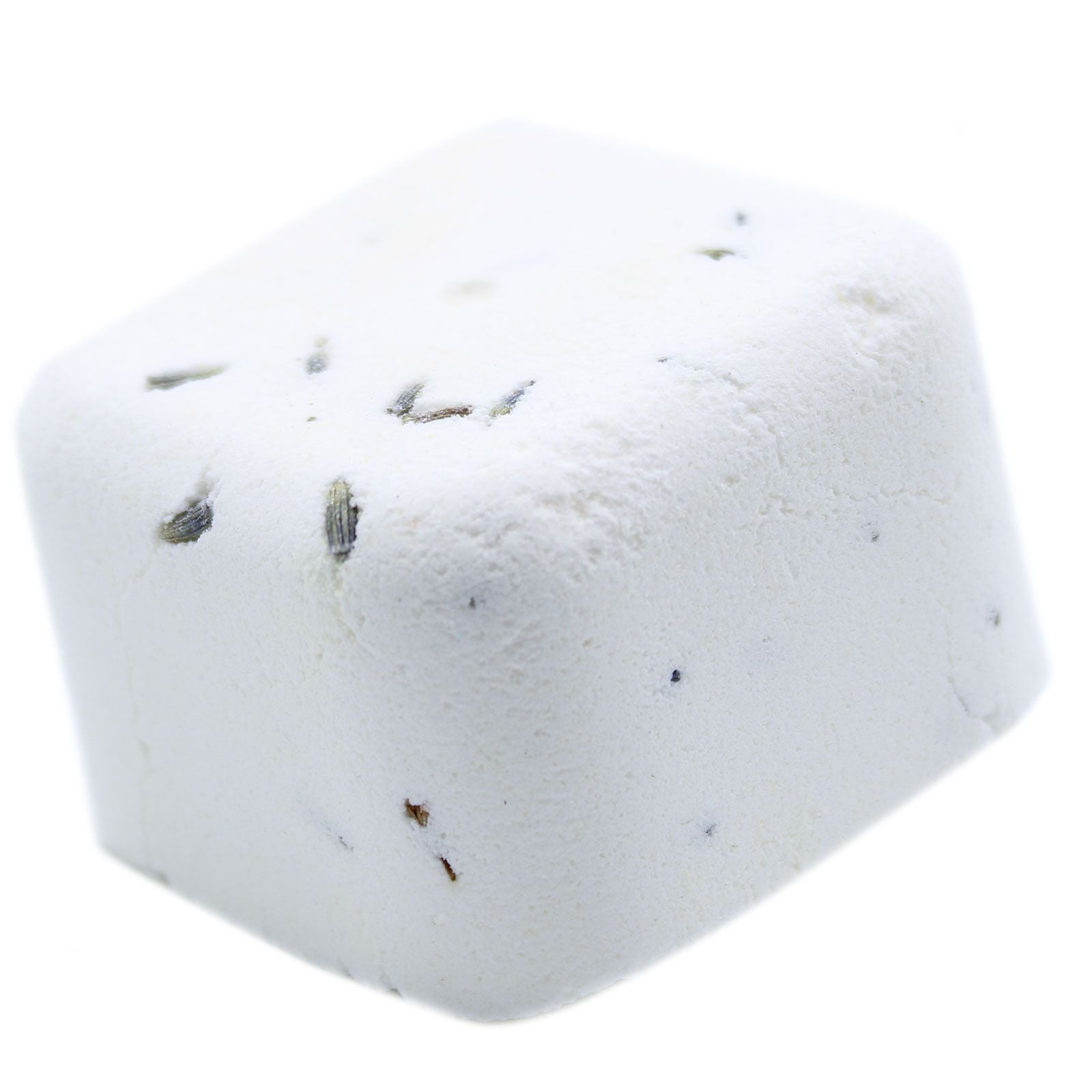 A white square shower steamer tablet infused with dried lavender buds and relaxing essential oils for a spa-like shower experience.