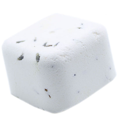 A white square shower steamer tablet infused with dried lavender buds and relaxing essential oils for a spa-like shower experience.