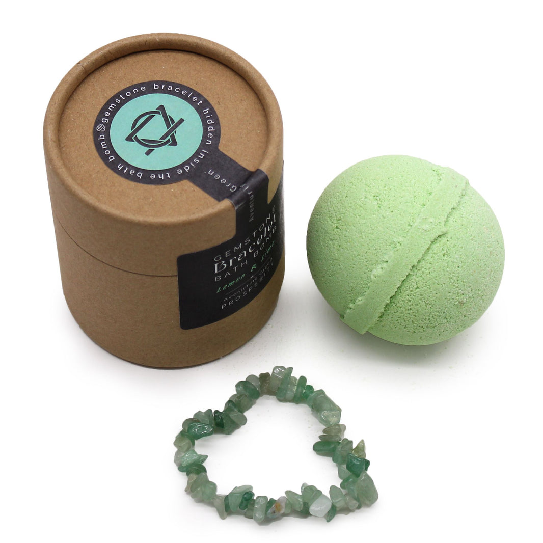 A 170g light green bath bomb infused with essential oils that contains a hidden Green Aventurine gemstone bracelet inside.