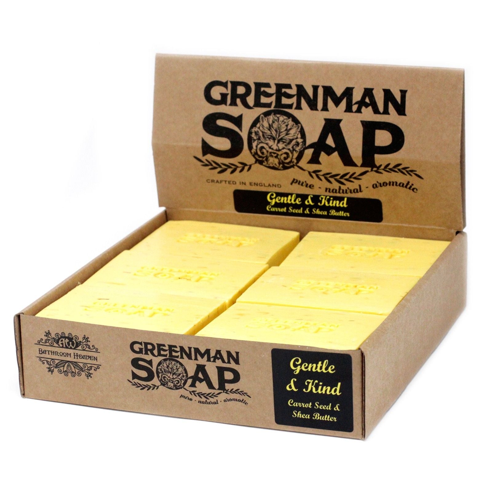 A 100g artisan Greenman soap bar with natural herbal inclusions and rustic paper packaging.