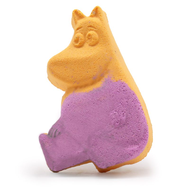 A purple and orange hippo-shaped bath bomb featuring a refreshing citrus crush fragrance.
