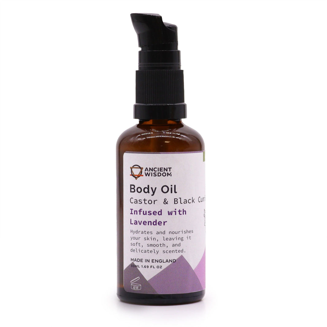 A 50ml amber glass pump bottle containing organic lavender-infused body oil for skin hydration.
