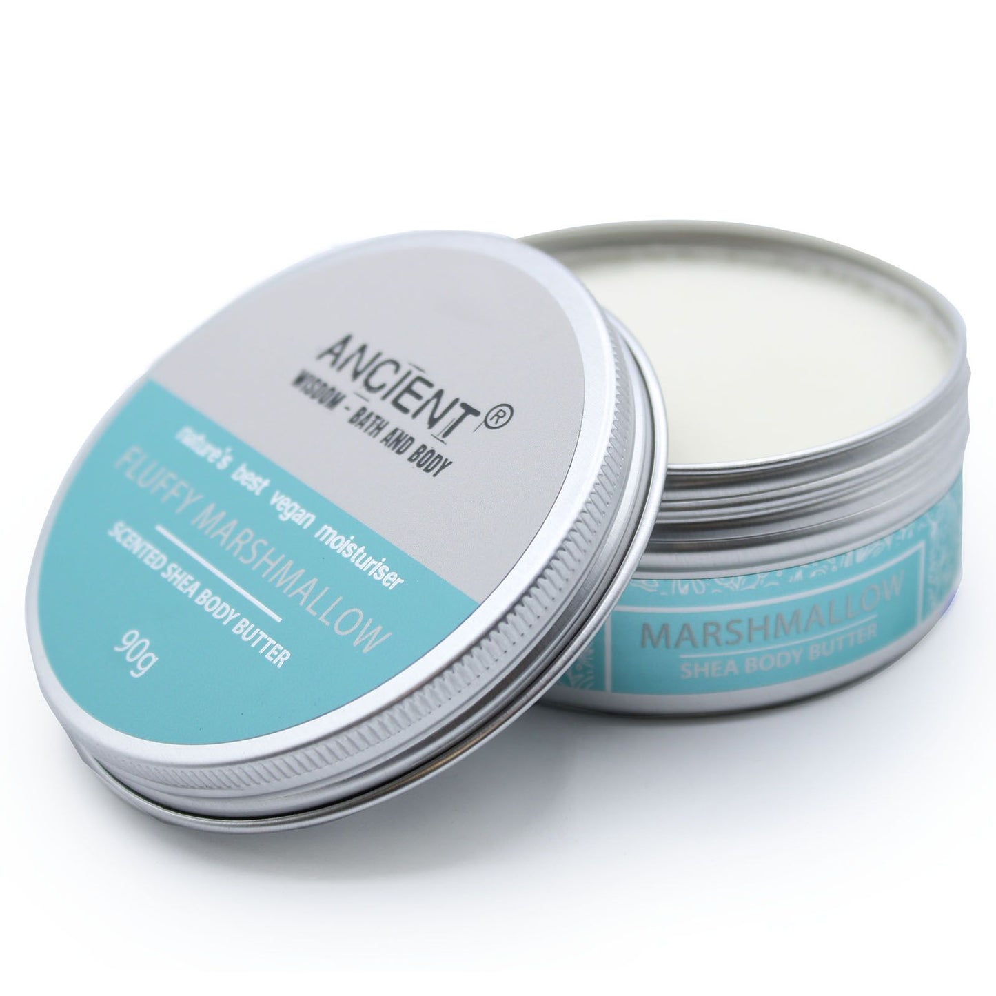 A 90g tin of light blue-tinted shea body butter with a sweet marshmallow fragrance and minimalist apothecary labeling.