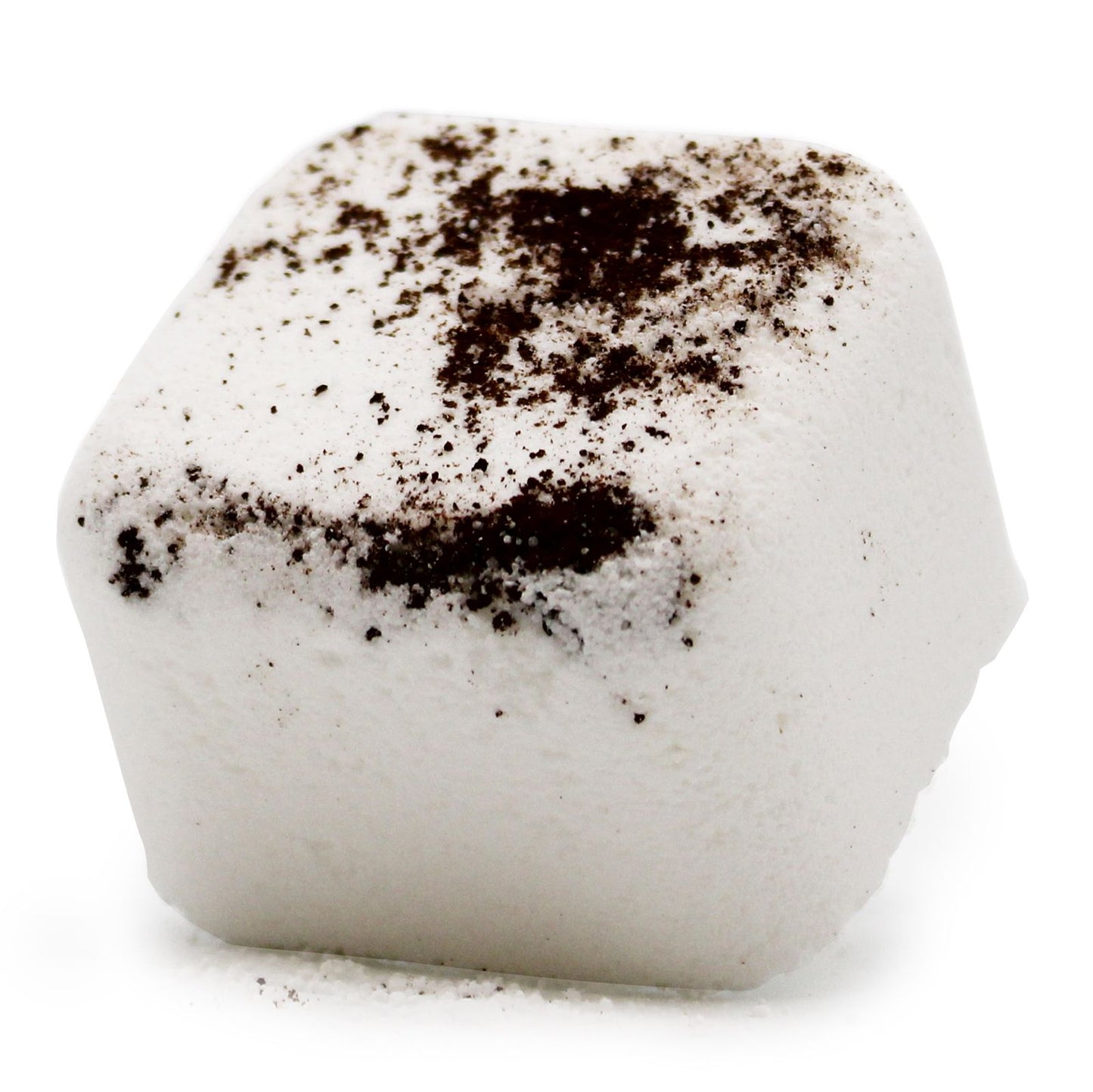 A white square shower steamer tablet topped with dark coffee-like speckles, designed to awaken and refresh the senses.