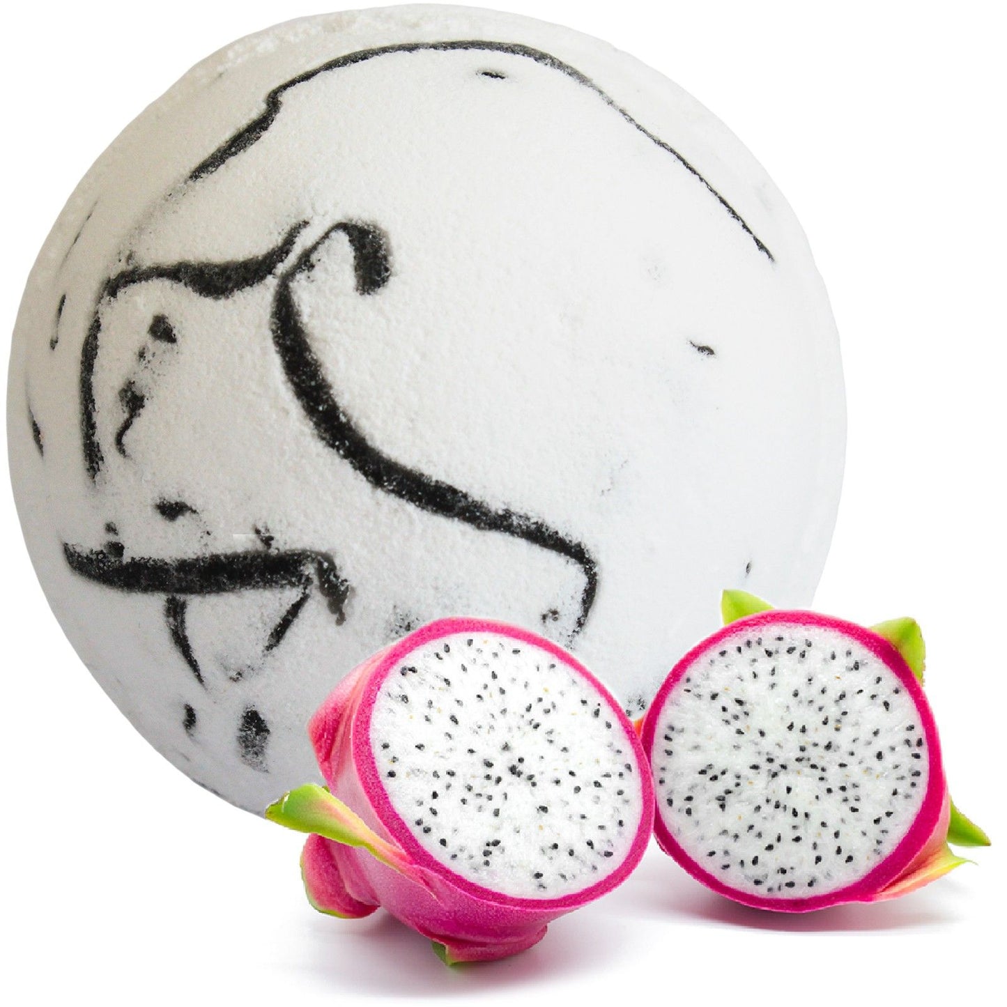 Jumbo 180g white and pink marbled bath bomb with a tropical dragon fruit scent and moisturizing coconut oil.