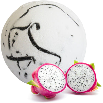 Jumbo 180g white and pink marbled bath bomb with a tropical dragon fruit scent and moisturizing coconut oil.