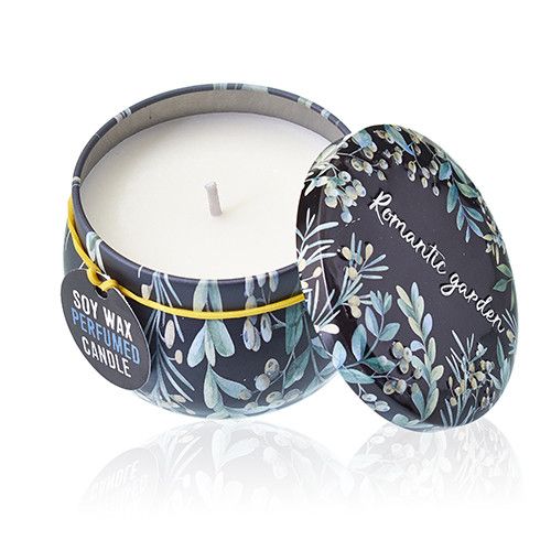 A decorative metal candle tin with a vintage-style illustrated lid depicting a lush, romantic English garden.