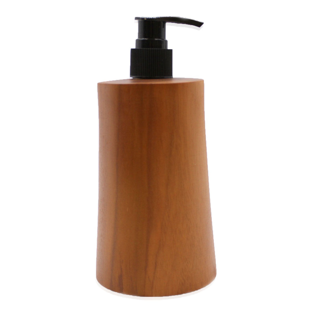 A tapered liquid soap dispenser handcrafted from warm-toned natural teakwood with a sleek black pump for a minimalist look.