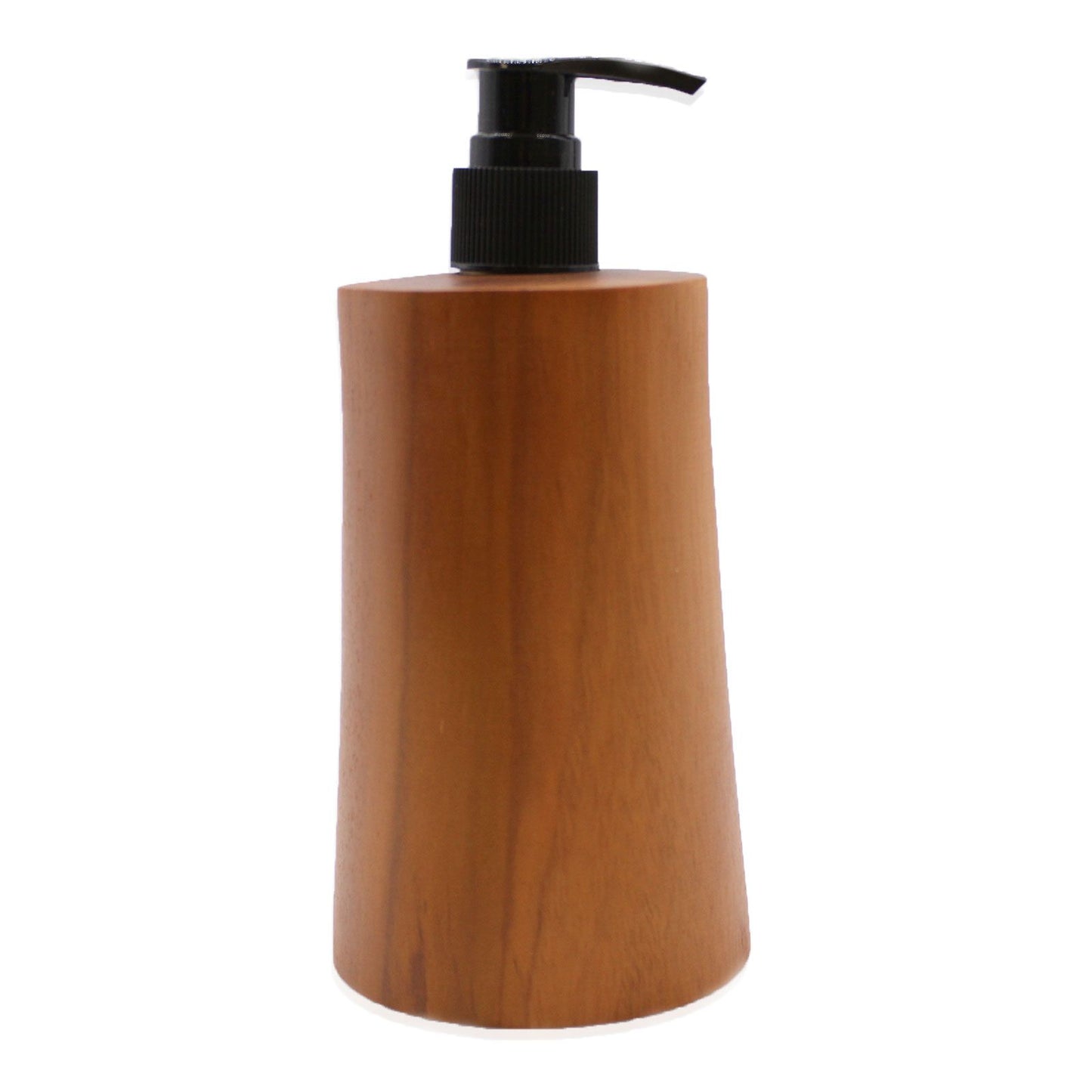 A tapered liquid soap dispenser handcrafted from warm-toned natural teakwood with a sleek black pump for a minimalist look.