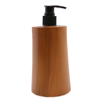 A tapered liquid soap dispenser handcrafted from warm-toned natural teakwood with a sleek black pump for a minimalist look.