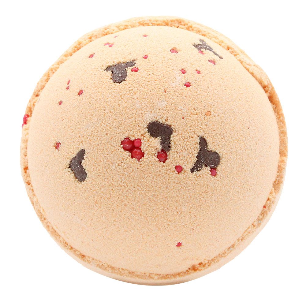 A large 180g round bath bomb decorated with a reindeer face and red nose, featuring toffee and caramel scents.