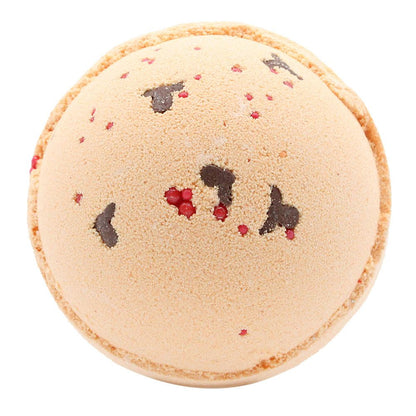 A large 180g round bath bomb decorated with a reindeer face and red nose, featuring toffee and caramel scents.