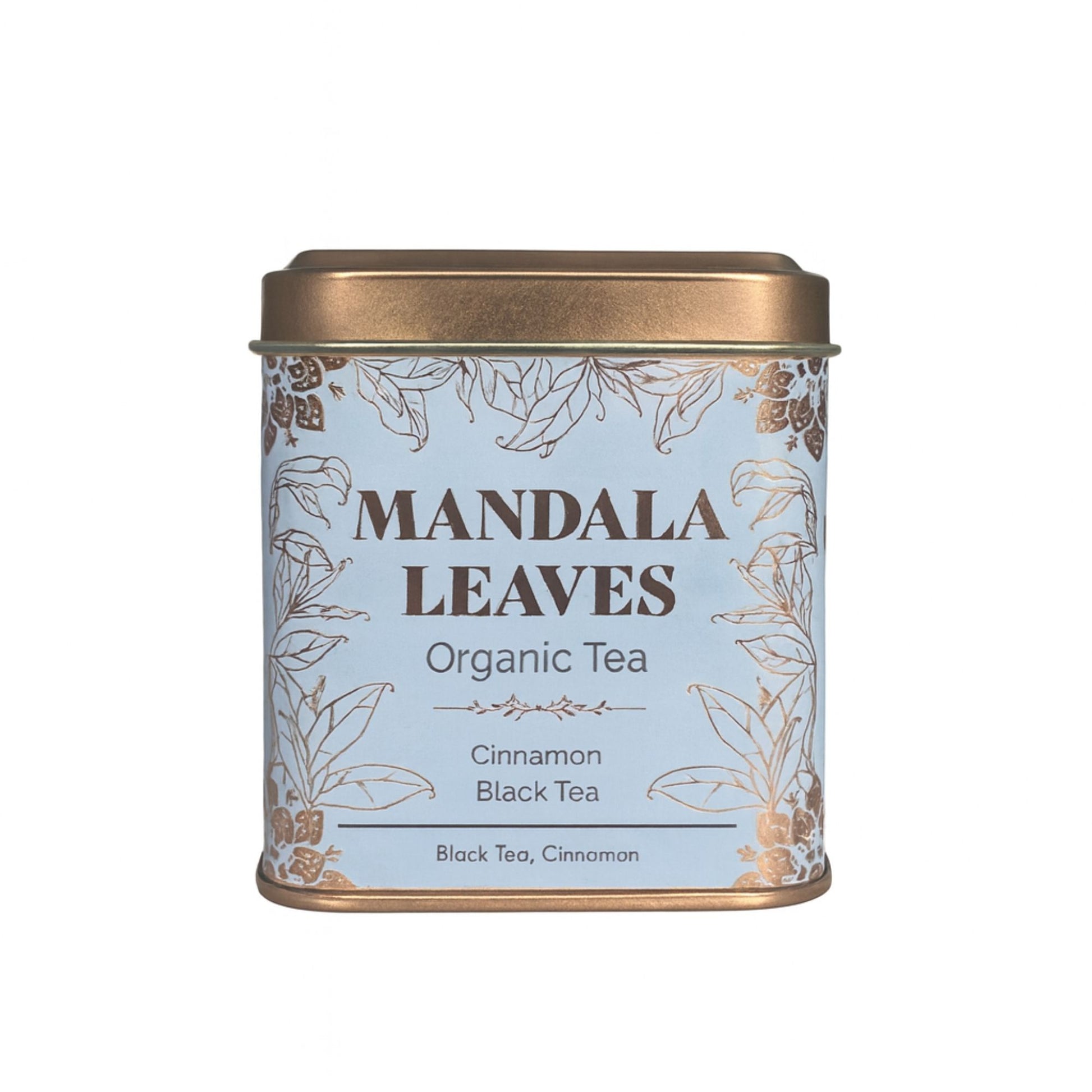 A small blue-labeled tea tin containing high-quality organic black tea leaves and real dried cinnamon pieces.