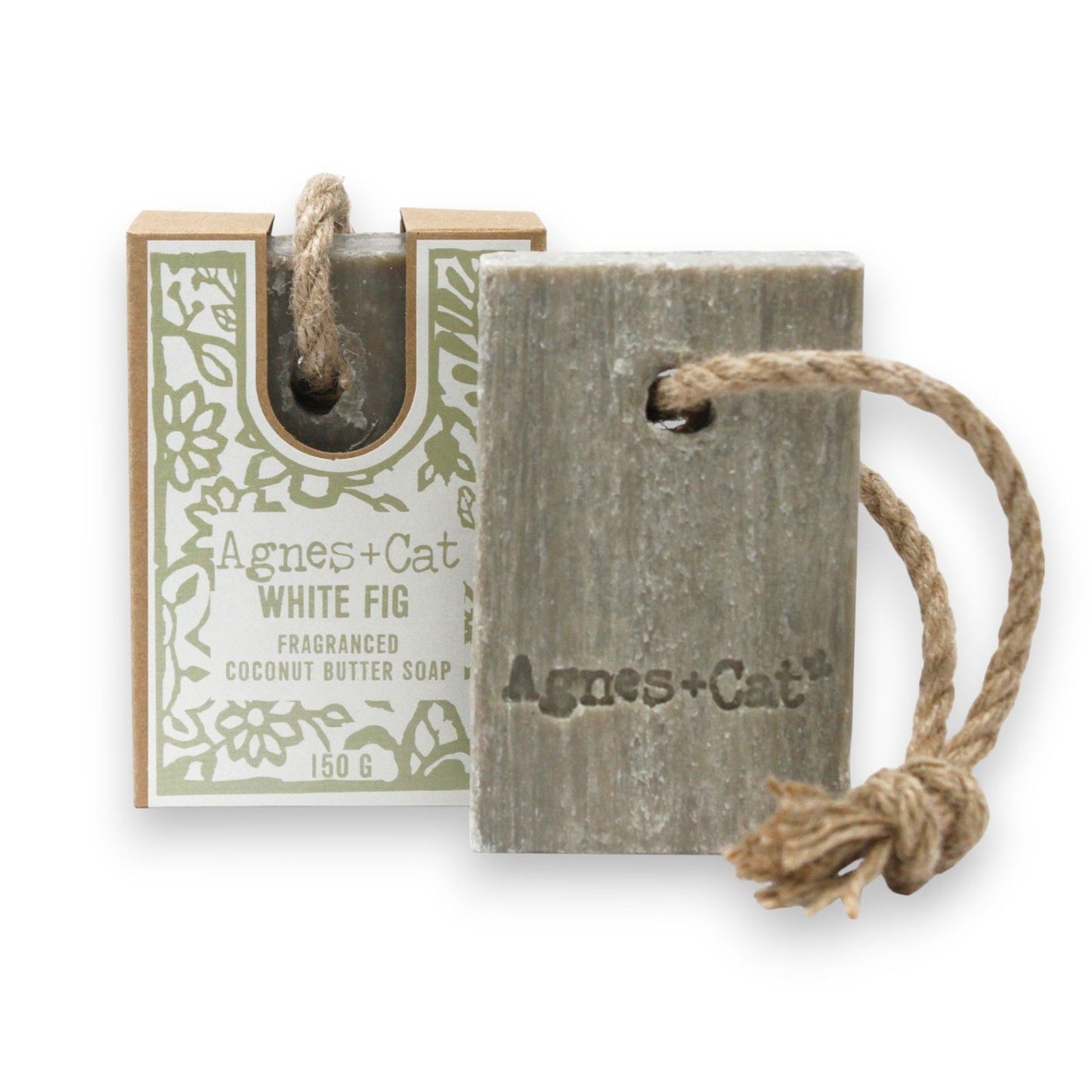 A 150g bar of White Fig scented artisan soap on a natural hanging rope, featured in minimalist earth-toned packaging.