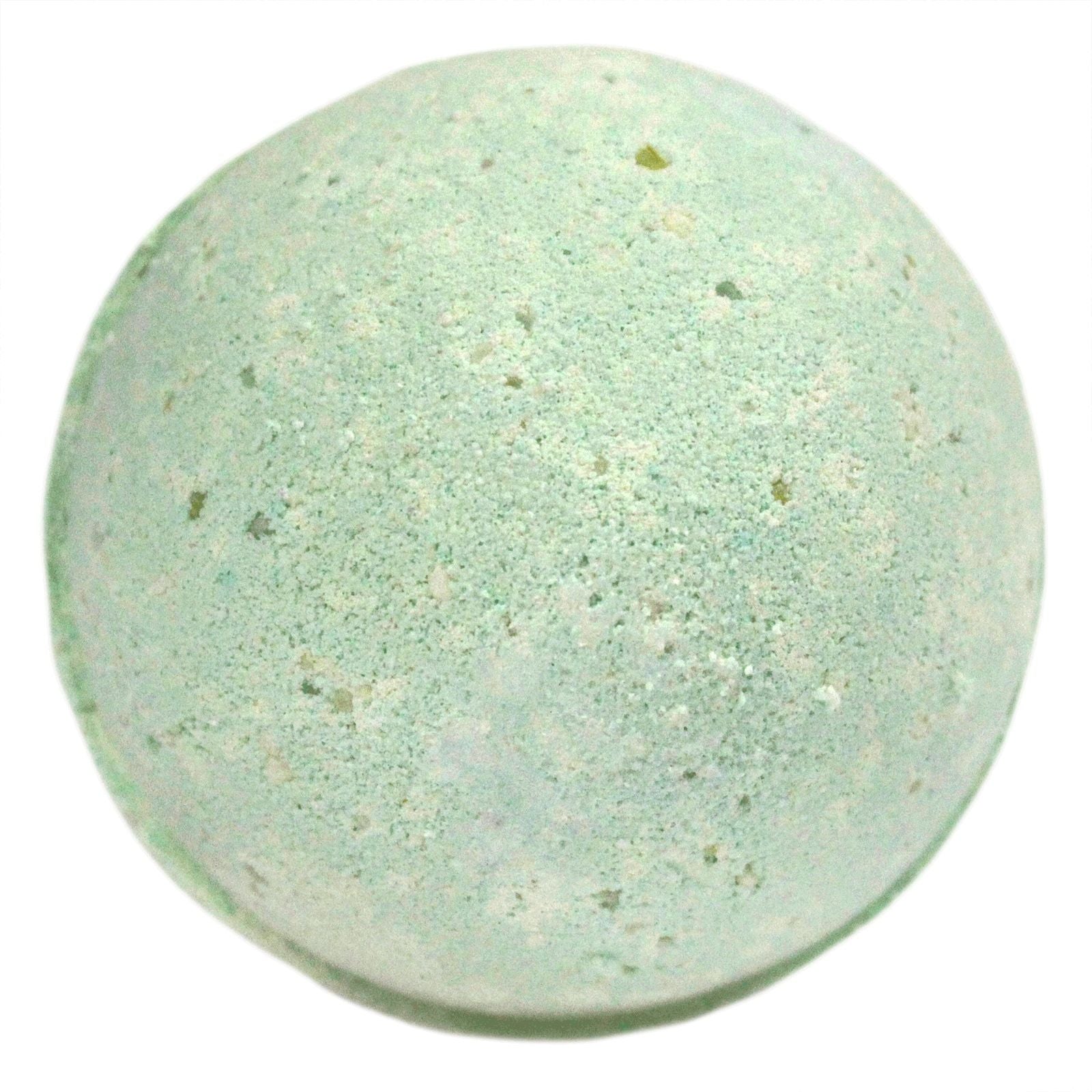 A jumbo 180g green and white round bath bomb featuring an invigorating peppermint and tea tree essential oil blend.