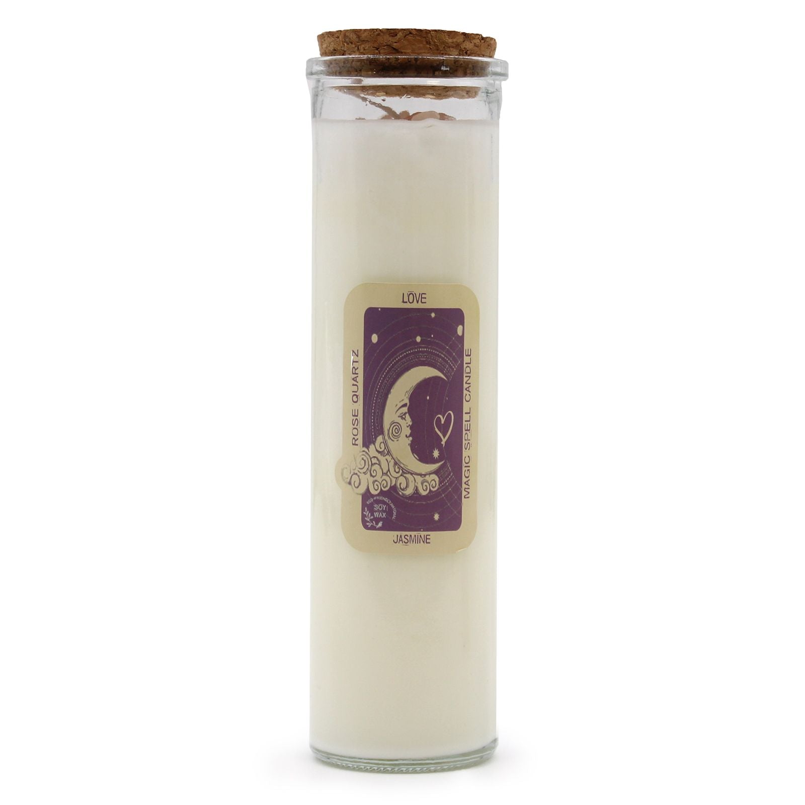 A white ritual pillar candle with a soft pink 'Love' label decorated with romantic botanical and mystical art.