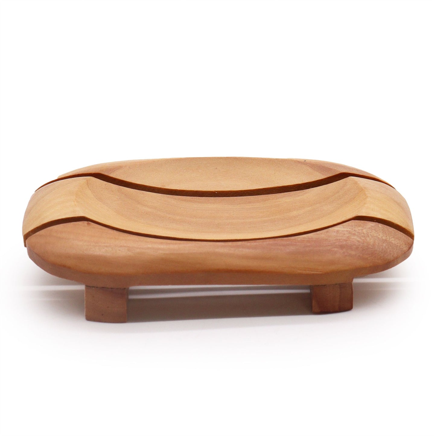 A handcrafted, rich mahogany wood soap dish with a rectangular outer frame and an oval recessed center featuring drainage holes.