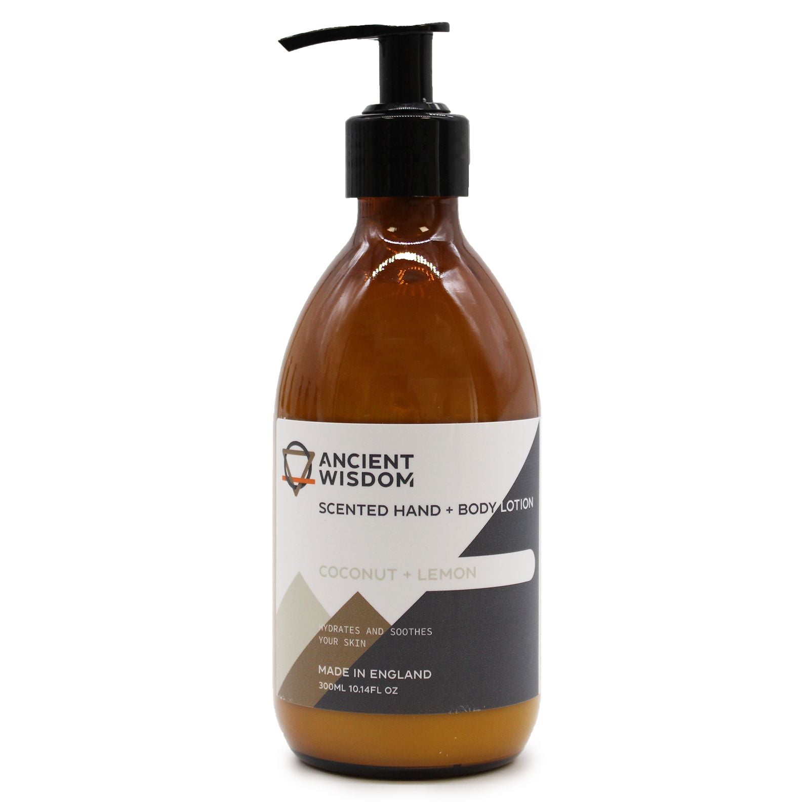 An elegant amber glass pump bottle featuring a minimalist black and white label for the coconut and lemon body lotion.
