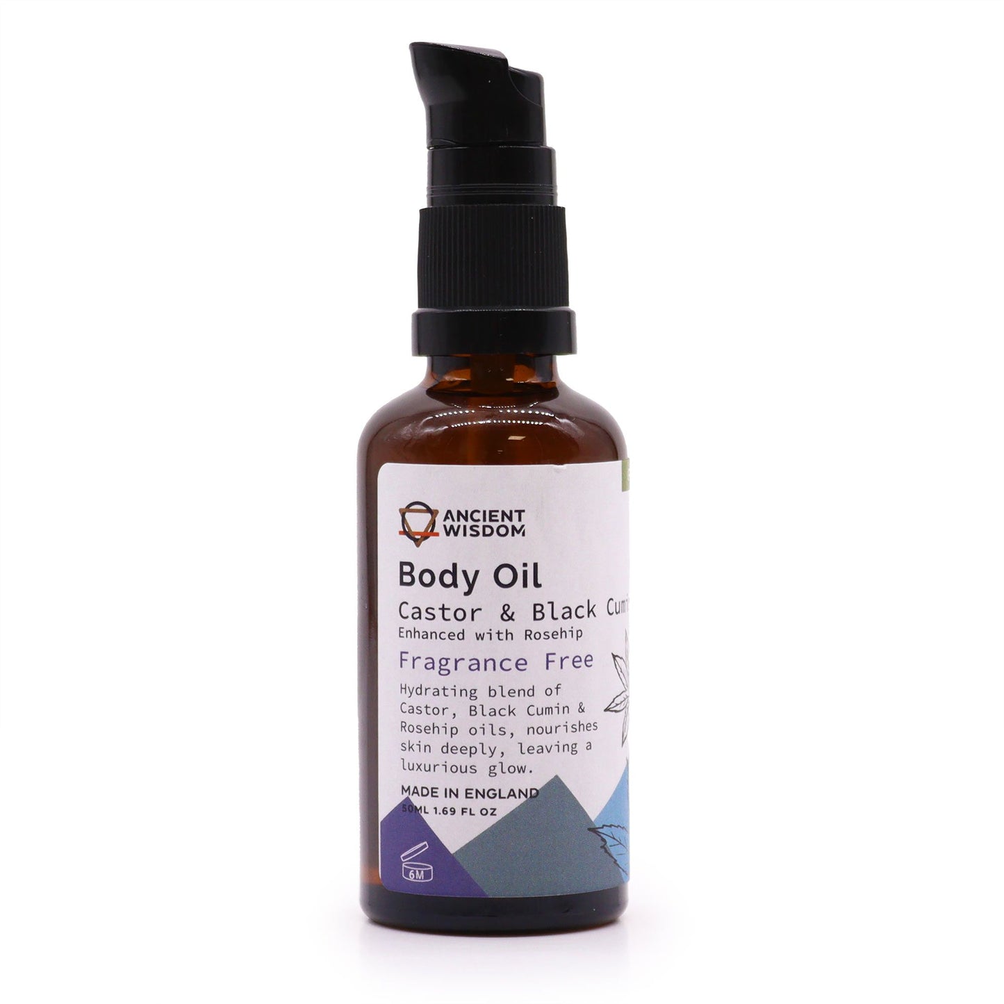 A 50ml amber glass pump bottle of unfragranced organic rosehip body oil for sensitive skin hydration.
