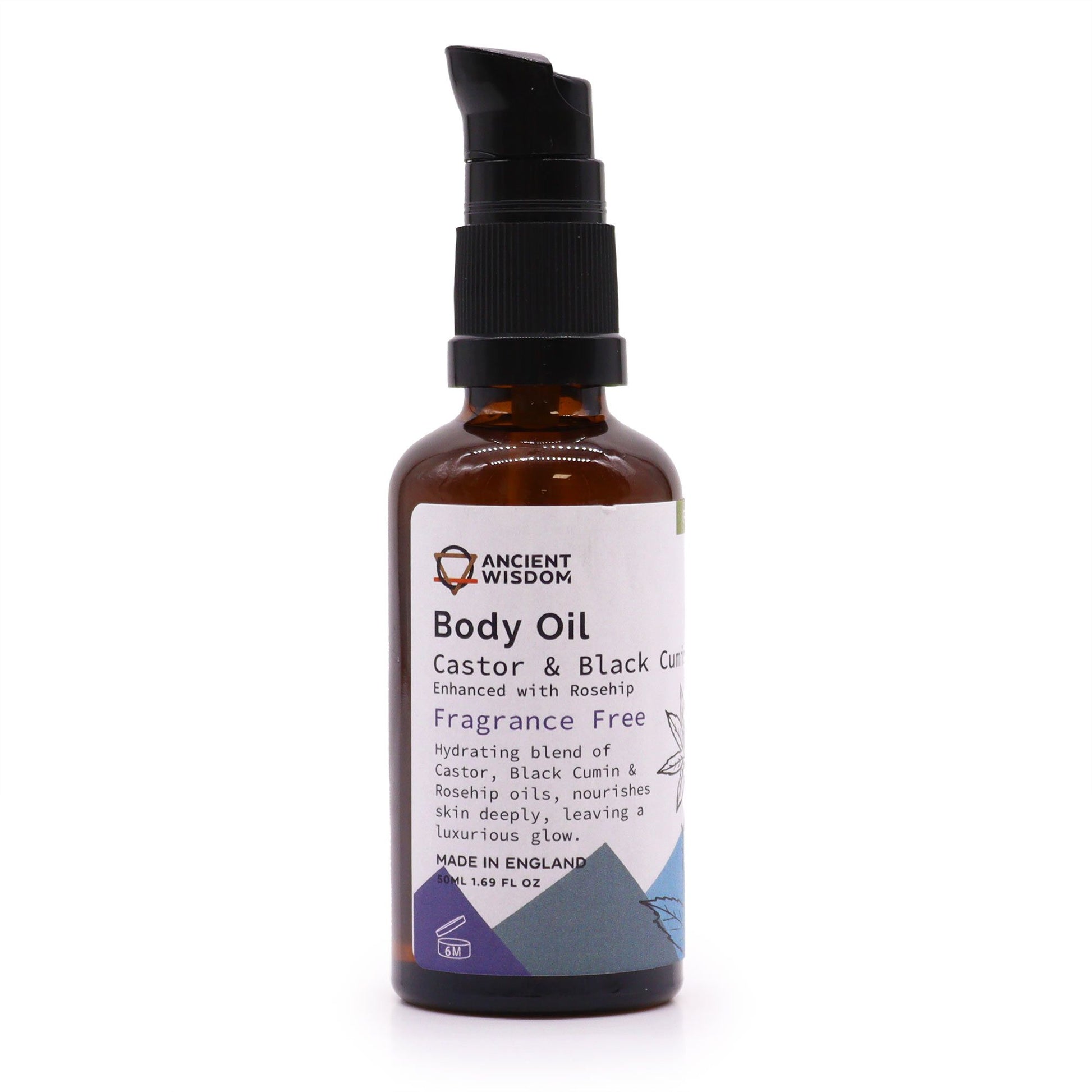 A 50ml amber glass pump bottle of unfragranced organic rosehip body oil for sensitive skin hydration.
