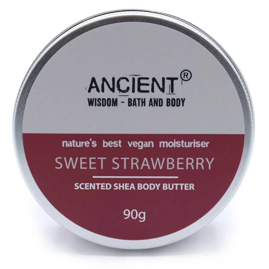 A 90g jar of pink-toned shea body butter featuring a sweet strawberry fragrance and premium label.