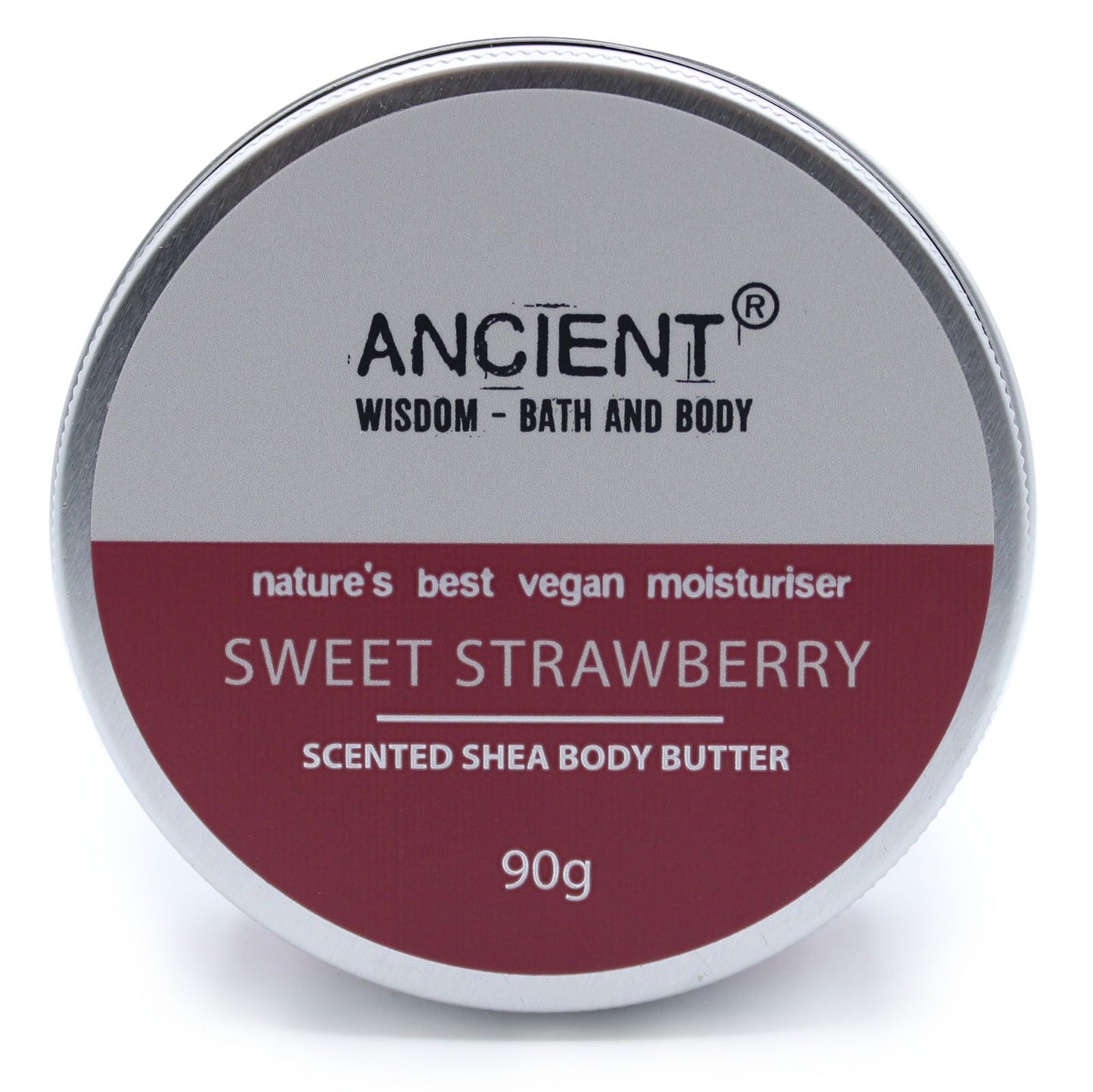 A 90g jar of pink-toned shea body butter featuring a sweet strawberry fragrance and premium label.