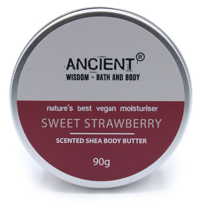 A 90g jar of pink-toned shea body butter featuring a sweet strawberry fragrance and premium label.