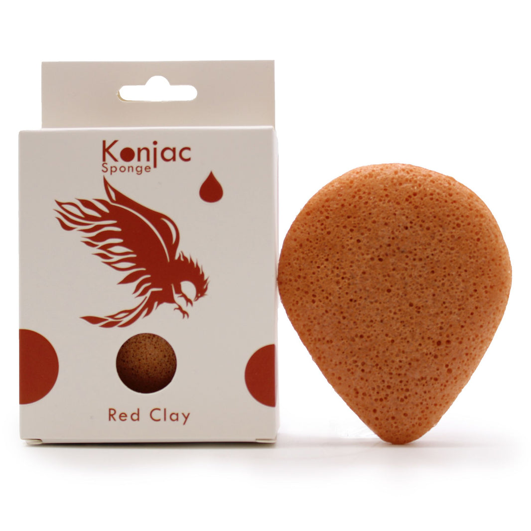 A terracotta-colored teardrop-shaped Konjac facial sponge infused with rejuvenating red clay, shown in its box.