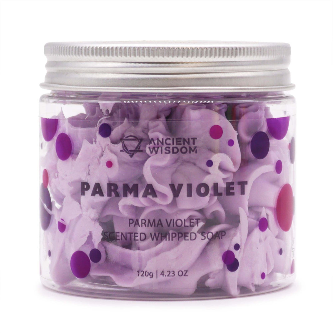 A 120g jar containing purple and white swirled whipped cream soap with a classic floral parma violet fragrance.
