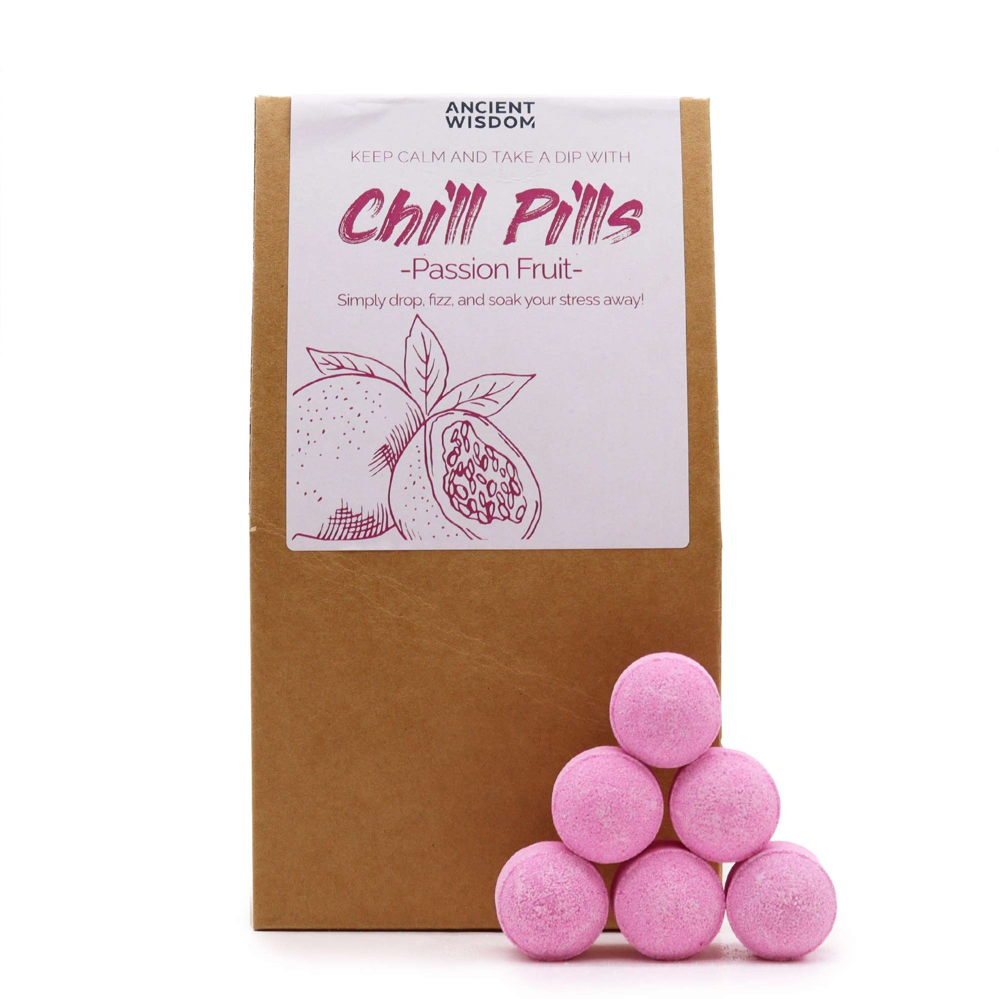 A brown paper gift bag containing vibrant pink, passion-fruit scented mini bath bombs with a 'Chill Pills' logo.