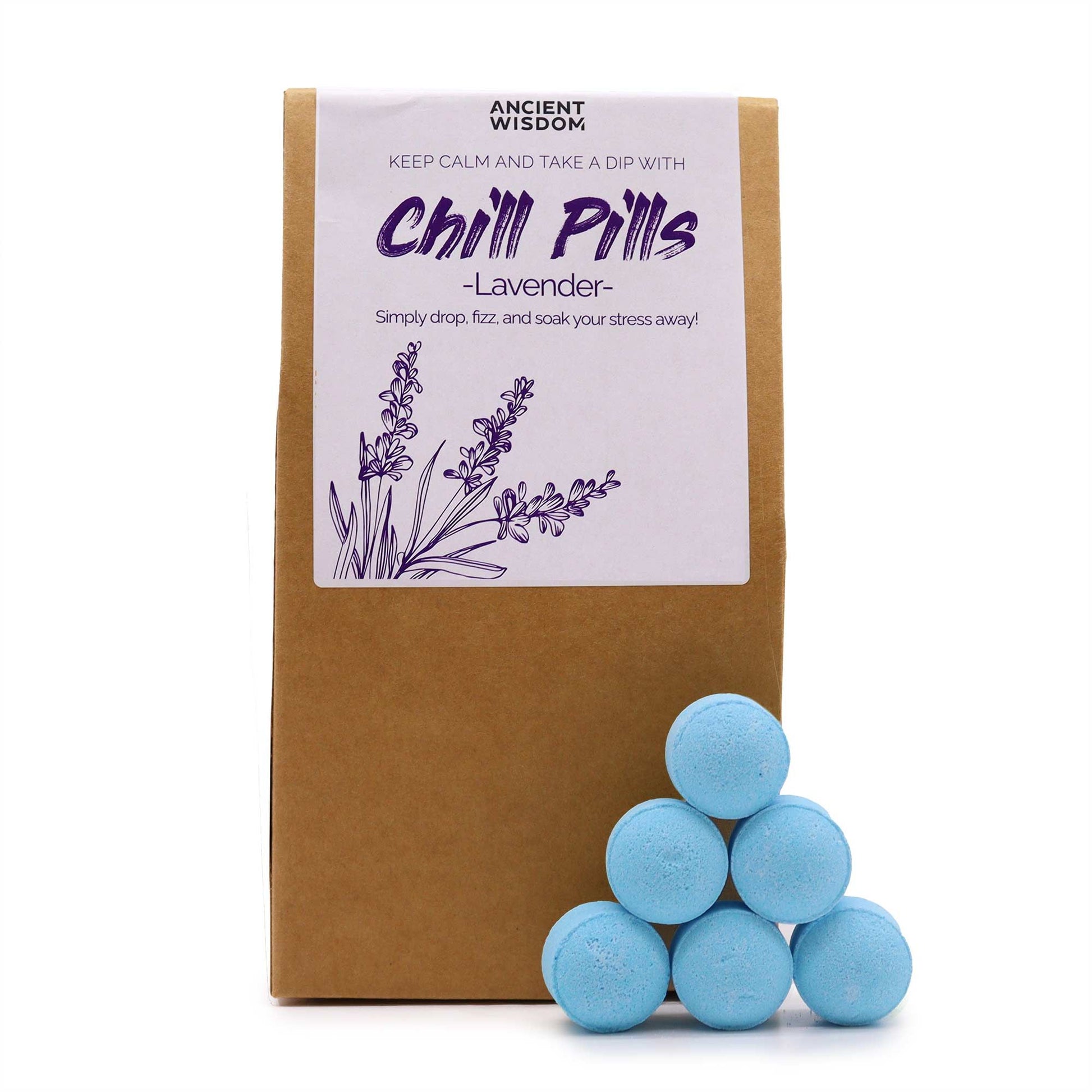 A rustic kraft paper bag with a clear window showing numerous light-blue, lavender-scented mini bath bomb spheres.