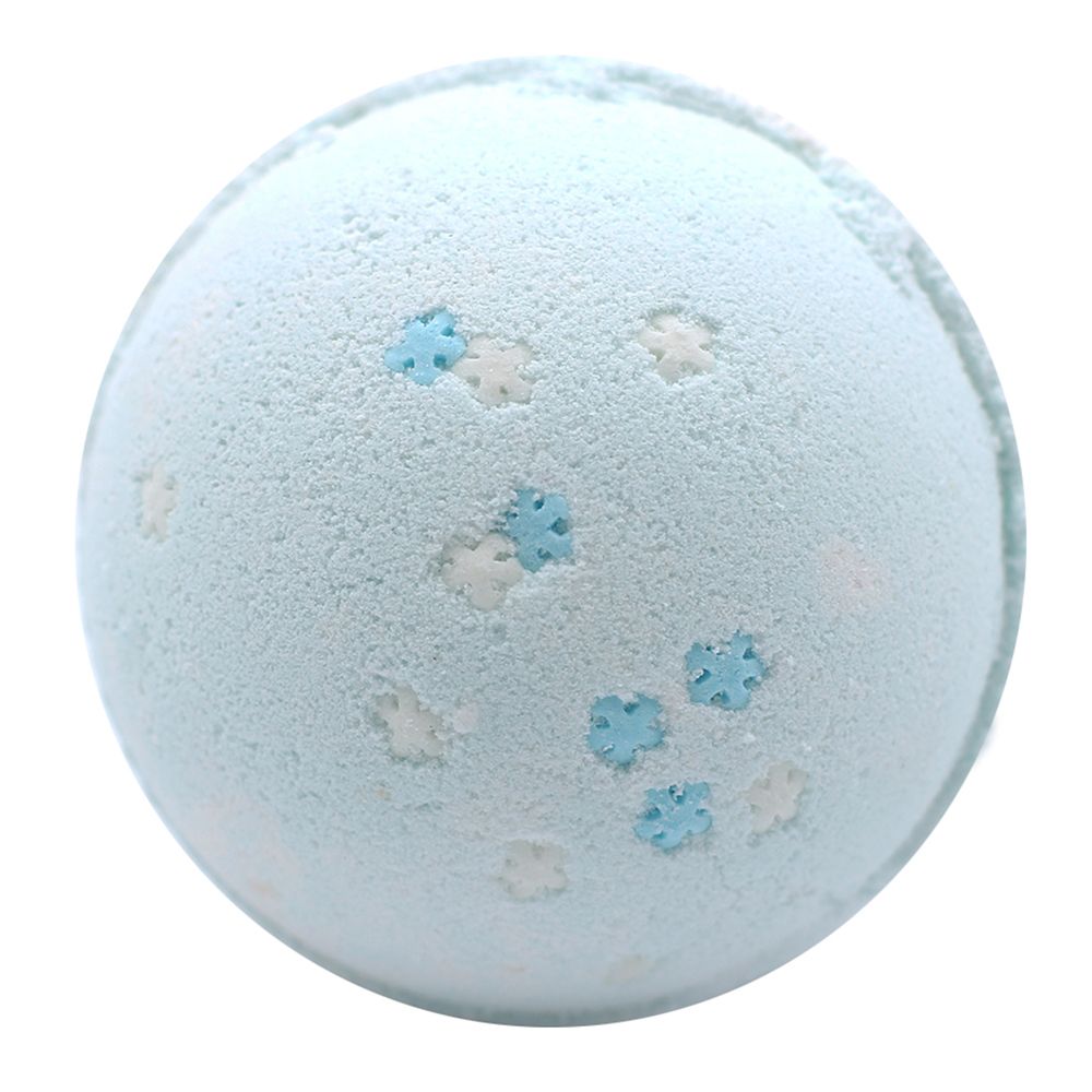 A large 180g white snowflake-shaped bath bomb with blue accents, featuring a sweet blueberry scent.