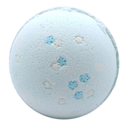 A large 180g white snowflake-shaped bath bomb with blue accents, featuring a sweet blueberry scent.