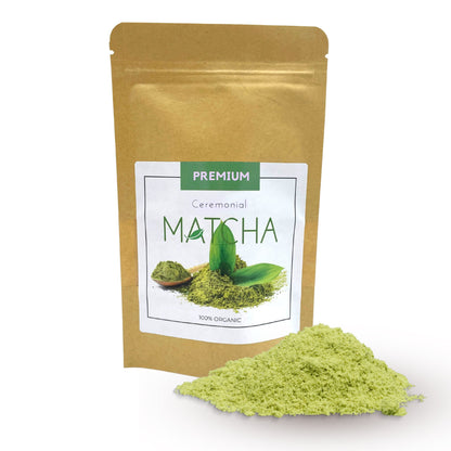 A 50g bag of premium 1st grade organic ceremonial Matcha green tea powder showing vibrant green tea powder.