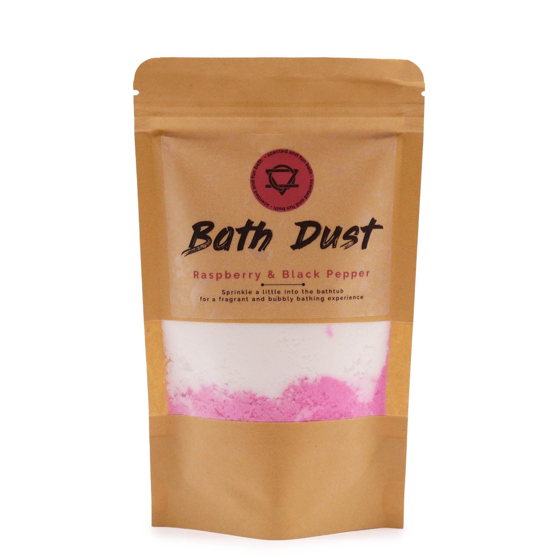 A 190g paper pouch of pink and white marbled bath dust featuring a raspberry and black pepper scent.