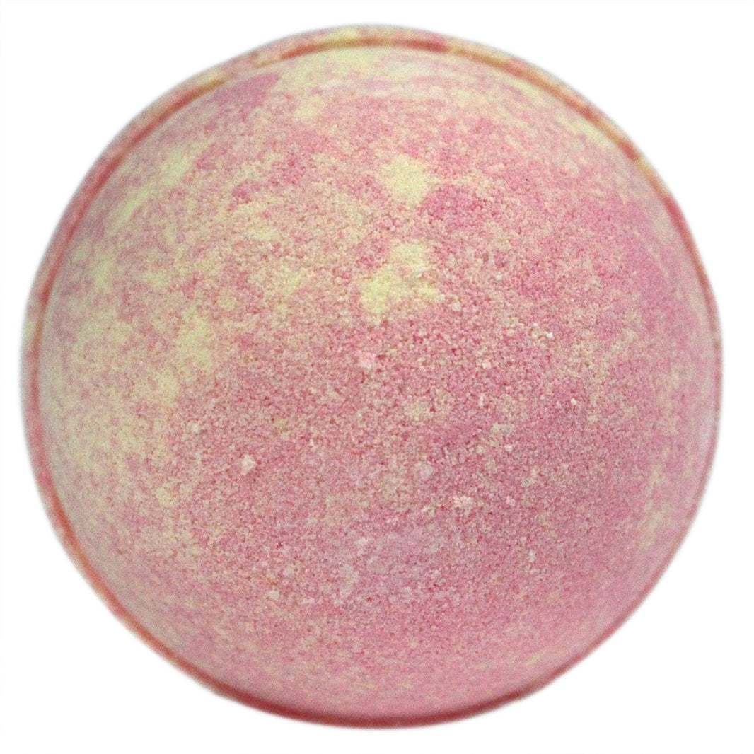A large, round bath bomb with a stunning pink and gold-shimmer marbled finish, offering a high-end spa aesthetic.