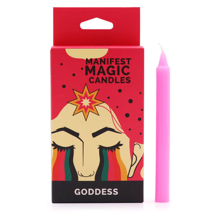 A vibrant pink and gold box featuring goddess illustrations, containing twelve slim pink candles for manifest magic rituals.